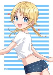 Rule 34 | 1girl, aged down, alternate costume, artist name, ass, blue eyes, blush, commentary request, commission, crop top, from behind, hachimiya meguru, heart, highres, idolmaster, idolmaster shiny colors, low twintails, medium hair, open mouth, shirt, signature, skeb commission, smile, solo, striped, striped background, t-shirt, twintails, wgm oekaki, white shirt