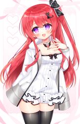 Rule 34 | 1girl, :d, black bow, black thighhighs, blush, bow, breasts, cat hair ornament, cleavage, collarbone, commission, copyright request, dress, hair between eyes, hair bow, hair ornament, hand up, head tilt, heart, highres, jacket, long hair, long sleeves, looking at viewer, one side up, open clothes, open jacket, open mouth, purple eyes, red hair, shikito (yawa0w0), skeb commission, skindentation, small breasts, smile, solo, thighhighs, very long hair, white background, white dress, white jacket