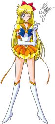 Rule 34 | 1girl, aino minako, bishoujo senshi sailor moon, bishoujo senshi sailor moon stars, blonde hair, blue bow, blue eyes, boots, bow, brooch, choker, earrings, elbow gloves, full body, gloves, hair bow, jewelry, knee boots, long hair, magical girl, marco albiero, one eye closed, orange skirt, pleated skirt, pointing, puffy sleeves, red bow, sailor collar, sailor venus, signature, skirt, solo, standing, star (symbol), star brooch, star earrings, tiara, white background, white footwear, white gloves, yellow bow