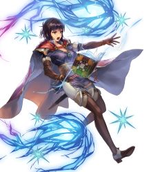 Rule 34 | 1girl, black hair, book, boots, breasts, brown eyes, cape, cleavage, cuboon, electricity, fire emblem, fire emblem: thracia 776, fire emblem heroes, full body, gloves, highres, nintendo, official art, olwen (fire emblem), open mouth, solo, star (symbol), sword, teeth, transparent background, weapon