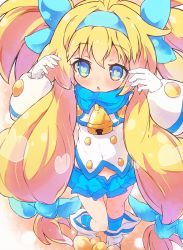 Rule 34 | 1girl, :o, bell, blazblue, blonde hair, blue eyes, blue hairband, blue ribbon, blue skirt, blush, boots, covered navel, dot nose, gloves, hair between eyes, hair intakes, hair ribbon, hairband, heart, heart-shaped pupils, highres, jingle bell, long hair, low-tied long hair, miniskirt, open mouth, perorisu, platinum the trinity, pleated skirt, ribbon, skirt, solo, symbol-shaped pupils, two side up, very long hair, white footwear, white gloves
