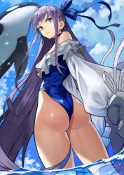 Rule 34 | 1girl, ass, back, bare shoulders, blue eyes, blue ribbon, blue sky, breasts, choker, closed mouth, fate/grand order, fate (series), frills, hair ribbon, highleg, highleg swimsuit, highres, long hair, long sleeves, looking back, meltryllis, meltryllis (fate), meltryllis (swimsuit lancer) (fate), meltryllis (swimsuit lancer) (second ascension) (fate), off-shoulder one-piece swimsuit, off shoulder, one-piece swimsuit, orca, puffy sleeves, purple hair, ribbon, sky, sleeves past fingers, sleeves past wrists, small breasts, swimsuit, thighs, very long hair, white ribbon, yoshio (55level)