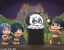 Rule 34 | !?, 4girls, :d, abyssal ship, black-framed eyewear, black hair, blue eyes, blue hair, braid, brown eyes, commentary request, dated, drum (container), flying sweatdrops, forest, glasses, hair over one eye, hair ribbon, hair scarf, hamu koutarou, hayashimo (kancolle), headphones, in container, instrument, kantai collection, kneeling, long hair, mogami (kancolle), multiple girls, nature, open mouth, pale skin, praying, pyramid (structure), ribbon, samidare (kancolle), sarong, shaded face, short hair, single braid, smile, staff, supply depot princess, sweat, tribal, very long hair, white hair