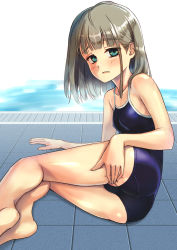 Rule 34 | 1girl, ass, bad id, bad pixiv id, barefoot, blue eyes, blue one-piece swimsuit, breasts, covered erect nipples, feet, grey hair, highres, kneepits, legs, looking back, lying, on side, one-piece swimsuit, onisankotira, open mouth, original, pool, poolside, pussy, school swimsuit, short hair, small breasts, soles, solo, spread pussy, spread pussy under clothes, swimsuit, thighs