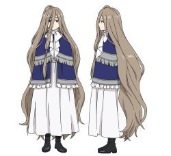 Rule 34 | 1girl, black footwear, blue capelet, brown eyes, brown hair, capelet, character sheet, dress, expressionless, frilled capelet, frills, from side, full body, hair between eyes, half-closed eyes, long hair, official art, profile, sense (sousou no frieren), sousou no frieren, straight-on, transparent background, very long hair, white dress