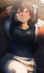 Rule 34 | 1girl, blue shirt, blush, braid, breasts, closed mouth, clothes writing, ergot, hair between eyes, highres, jacket, kantai collection, long hair, lying, medium breasts, on back, on floor, open clothes, open jacket, orange eyes, pantyhose, pleated skirt, shirt, signature, single braid, skirt, solo, souya (kancolle), white pantyhose, white skirt