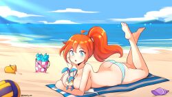Rule 34 | 1girl, :o, ahoge, animal between breasts, ass, ball, barefoot, beach, between breasts, bikini, bloom (winx club), blue eyes, breast rest, breasts, bucket, butt crack, cleavage, collarbone, curvy, feet up, full body, hair between eyes, highres, jarckius, large breasts, light blush, long hair, looking down, lying, ocean, on stomach, open mouth, orange hair, outdoors, ponytail, rabbit, seashell, shell, sky, striped bikini, striped clothes, summer, sunlight, swimsuit, tareme, towel, untied bikini top, volleyball (object), wide shot, winx club