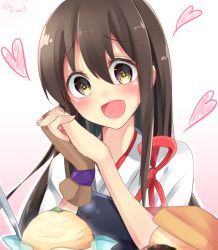 Rule 34 | + +, 10s, :d, akagi (kancolle), blush, brown hair, gloves, heart, kantai collection, long hair, navy (navy.blue), open mouth, smile, solo, twitter username, yellow eyes