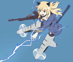 Rule 34 | 1girl, animal ears, blonde hair, electricity, glasses, gun, long hair, military uniform, nanashino, open mouth, perrine h. clostermann, strike witches, striker unit, tail, weapon, world witches series