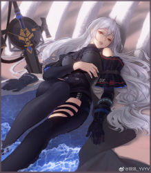 Rule 34 | 1girl, arknights, arm cuffs, ascot, bare shoulders, beach, bei ji yvyv, black ascot, black gloves, black headwear, black pants, breasts, chinese commentary, clothing cutout, commentary request, feet out of frame, gloves, unworn gloves, hand on own stomach, hat, unworn hat, unworn headwear, highres, infection monitor (arknights), leg up, long hair, looking at viewer, low-tied long hair, lying, on back, pants, parted lips, planted, planted sword, planted weapon, red eyes, silver hair, single glove, skadi (arknights), skadi (elite ii) (arknights), sketch, sword, thigh cutout, thigh strap, very long hair, weapon, weibo username