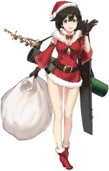 Rule 34 | 10s, 1girl, :d, alternate costume, ankle boots, bag, bare legs, belt, black eyes, black gloves, black hair, blush, boots, bow, bowtie, breasts, brown eyes, brown gloves, brown hair, christmas, christmas garland, christmas ornaments, cleavage, cleavage cutout, clothing cutout, detached collar, detached sleeves, dress, flight deck, flipped hair, full body, fur-trimmed boots, fur collar, fur trim, gloves, hair between eyes, happy, hat, high heel boots, high heels, hiryuu (kancolle), holding, holding bag, holly, kantai collection, legs, looking at viewer, mistletoe, no bra, no socks, open mouth, poco (backboa), quiver, red dress, red footwear, sack, santa costume, santa hat, short dress, short hair, sleeveless, sleeveless dress, smile, solo, standing, transparent background, waving, wide sleeves