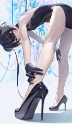 Rule 34 | 1girl, absurdres, bent over, black dress, black footwear, black gloves, black hair, blue archive, china dress, chinese clothes, dragon print, dress, foot focus, gloves, grey eyes, grey halo, halo, hidulume, high heels, highres, kisaki (blue archive), legs, print dress, shoes focus, solo