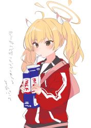 Rule 34 | 1girl, ahoge, backpack, bag, blonde hair, blue archive, blush, drinking, drinking straw, drinking straw in mouth, hair ribbon, halo, highres, jacket, kyuuri (miyako), long hair, long sleeves, milk, milk carton, red jacket, ribbon, simple background, sketch, solo, track jacket, translation request, twintails, upper body, white background, yellow eyes, yoshimi (blue archive)