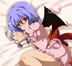 Rule 34 | 2girls, apron, bat wings, blood, blue hair, blush, bubble, character doll, chibi, hugging doll, dr. cryptoso, fang, female focus, frilled skirt, frills, highres, izayoi sakuya, lying, maid, maid apron, maid headdress, miniskirt, multiple girls, no headwear, no headwear, nosebleed, o o, hugging object, on side, open mouth, pink skirt, red eyes, remilia scarlet, shirt, short hair, silver hair, skirt, skirt set, tears, touhou, wings