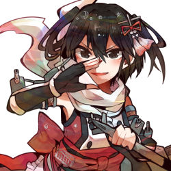 Rule 34 | 10s, 1girl, bad id, bad nicoseiga id, black eyes, black hair, detached sleeves, elbow gloves, fingerless gloves, gloves, hair ornament, holding, itomugi-kun, kantai collection, mecha musume, open mouth, scarf, sendai (kancolle), sendai kai ni (kancolle), short hair, simple background, solo, torpedo, turret, twintails, two side up, white background