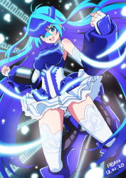 Rule 34 | 1girl, armor, armored dress, artist name, bad id, bad pixiv id, blue eyes, blue hair, breastplate, dated, detached sleeves, fusion, futaba aoi (vividred operation), gauntlets, greaves, highres, isshiki akane, light trail, nean, panties, pantyshot, signature, skirt, solo, thighhighs, thrusters, underwear, upskirt, vividblue, vividred operation, white panties, white thighhighs