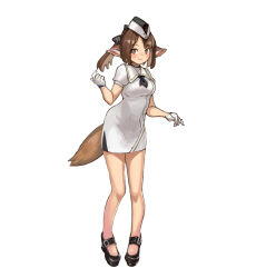 Rule 34 | 1girl, animal ear fluff, animal ears, arknights, black footwear, black hat, blue archive, blush, breasts, brown eyes, brown hair, chocolatice, closed mouth, collared dress, commentary request, dress, full body, garrison cap, gloves, hand up, hat, highres, looking at viewer, medium breasts, parted bangs, perfumer (arknights), ponytail, puffy short sleeves, puffy sleeves, shoes, short sleeves, simple background, smile, solo, tail, utnapishtim operator uniform (blue archive), white background, white dress, white gloves