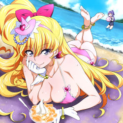 Rule 34 | 2girls, adapted costume, anklet, asahina mirai, ass, ball, barefoot, beach, beachball, bikini, blonde hair, bow, bracelet, breasts, cleavage, covered erect nipples, cure miracle, day, feet, food, foreshortening, gloves, hair bow, hat, head rest, heart, huge breasts, ice cream, izayoi liko, jewelry, long hair, looking at viewer, lying, mahou girls precure!, mini hat, mini witch hat, multiple girls, nakahira guy, ocean, on stomach, outdoors, pink hat, precure, purple eyes, purple hair, sand, school swimsuit, side ponytail, smile, sweat, swimsuit, tree, wading, water, white gloves, witch hat