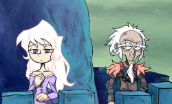 Rule 34 | 1boy, 1girl, beard, castle, dress, facial hair, frown, hand on own chest, highres, king haggard, lady amalthea, long hair, looking down, old, old man, pointy nose, purple dress, receding hairline, setz, the last unicorn, white hair