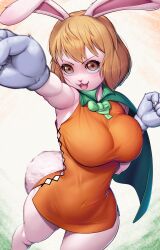Rule 34 | 1girl, animal ears, blonde hair, breasts, brown eyes, carrot (one piece), dress, fist pump, foreshortening, furry, furry female, highres, large breasts, max (maxlikeapicture), microdress, navel, one piece, open mouth, orange dress, rabbit ears, rabbit girl, rabbit tail, smile, solo, tail, tight clothes, tight dress, white fur
