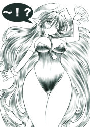 Rule 34 | !?, 1girl, animal ears, between breasts, blush, breasts, clothes between breasts, curvy, elba (gomamiso sti), elbow gloves, fake animal ears, gloves, gomamiso (gomamiso sp), green theme, large breasts, long hair, monochrome, necktie, original, playboy bunny, pointy ears, rabbit ears, solo, thigh gap, tray, very long hair, wide hips, wrist cuffs