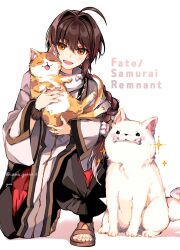 Rule 34 | 1other, ahoge, androgynous, animal, black hair, blush, bone, braid, braided ponytail, brown eyes, brown footwear, cat, closed eyes, commentary request, copyright name, dog, fate/samurai remnant, fate (series), hair between eyes, hair intakes, highres, holding, holding animal, japanese clothes, long hair, looking at viewer, mouth hold, open mouth, yamato takeru (fate), sandals, simple background, toes, twitter username, very long hair, white background, white dog, yui (tamagohan)