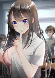 Rule 34 | 1girl, 3boys, :d, blue eyes, blue nails, blurry, blurry background, blush, bra, breasts, brown hair, closed mouth, commentary request, depth of field, desk, finger to mouth, fingernails, highres, indoors, large breasts, long hair, multiple boys, nail polish, nekobaka, open clothes, open mouth, open shirt, original, pink bra, school desk, school uniform, shirt, short sleeves, shushing, smile, solo focus, underwear, very long hair, white shirt, window