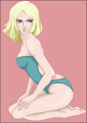 Rule 34 | 1girl, alternate costume, bare arms, bare legs, bare shoulders, barefoot, blonde hair, blue eyes, breasts, from side, full body, grin, gundam, half-closed eyes, hand on own thigh, lips, looking at viewer, looking to the side, medium breasts, mobile suit gundam, naughty face, neck, odagiri mayu, one-piece swimsuit, parted bangs, parted lips, pink background, sayla mass, seiza, short hair, simple background, sitting, smile, solo, strapless, strapless one-piece swimsuit, swimsuit