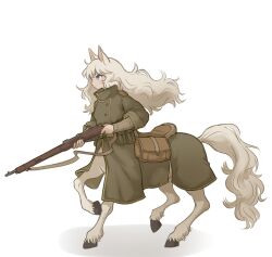 Rule 34 | 1girl, animal ears, bag, belt pouch, blue eyes, centaur, centauroid, commentary, english commentary, from side, full body, grey hair, gun, highres, holding, holding gun, holding weapon, long hair, long sleeves, looking ahead, military uniform, original, pouch, profile, rifle, saddle, simple background, sleeves rolled up, solo, tateoftot, taur, turtleneck, uniform, weapon, white background