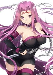 Rule 34 | 1girl, black dress, black gloves, black thighhighs, breasts, chain, cleavage, collar, covered erect nipples, dress, elbow gloves, facial mark, fate/stay night, fate (series), forehead mark, gloves, hair intakes, highres, kou mashiro, large breasts, long hair, looking at viewer, medusa (fate), medusa (rider) (fate), nameless dagger (fate), purple eyes, purple hair, simple background, smile, solo, strapless, strapless dress, thighhighs, very long hair, weapon, white background, zettai ryouiki