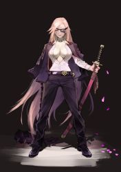 Rule 34 | 1girl, alternate costume, amputee, baiken, belt, black background, black belt, black footwear, black jacket, black pants, breasts, cherry blossoms, cleavage, closed mouth, collared shirt, commentary request, dress shirt, eyepatch, facial tattoo, falling petals, guilty gear, guilty gear xrd, highres, holding, holding sword, holding weapon, jacket, jacket on shoulders, jako (toyprn), large breasts, long hair, looking at viewer, one-eyed, open clothes, open shirt, pants, petals, pink hair, scar, scar across eye, scar on face, sheath, sheathed, shirt, standing, sword, tattoo, very long hair, weapon, white shirt