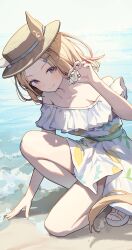 1girl bare_shoulders beach blonde_hair blush closed_mouth day dress ears_through_headwear hair_ornament hand_up highres holding holding_shell horse_girl horse_tail looking_at_viewer narita_top_road_(umamusume) ningen_mame off-shoulder_dress off_shoulder on_one_knee outdoors purple_eyes shell short_hair smile solo tail thighs umamusume white_dress