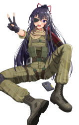 Rule 34 | 1girl, absurdres, bangom r, belt, black footwear, boots, bow, commission, cosplay, cross-laced footwear, date a live, eyepatch, gloves, hair bow, highres, lace-up boots, long hair, mechanical arms, metal gear (series), metal gear solid v: the phantom pain, military, military uniform, partially fingerless gloves, ponytail, purple eyes, purple hair, simple background, solo, uniform, v, venom snake, venom snake (cosplay), white background, yatogami tooka