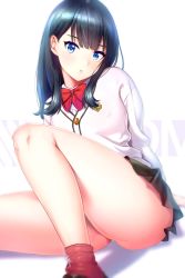 Rule 34 | 10s, 1girl, ass, blouse, bow, bowtie, cardigan, gridman universe, head tilt, highres, leaning to the side, legs, looking at viewer, panties, pantyshot, pleated skirt, red bow, red bowtie, red socks, shirt, sitting, skirt, socks, solo, ssss.gridman, sweater, takarada rikka, thick thighs, thighs, ukamaru, underwear, white shirt, white sweater