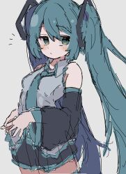 Rule 34 | 1girl, absurdres, bare shoulders, black skirt, black sleeves, blue eyes, blue hair, blush, breasts, closed mouth, collared shirt, detached sleeves, hair ornament, hatsune miku, highres, long hair, long sleeves, n40a1, pleated skirt, shirt, sidelocks, skirt, small breasts, solo, twintails, upper body, very long hair, vocaloid
