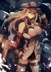 Rule 34 | 10s, 1girl, bare shoulders, bismarck (kancolle), blonde hair, blue eyes, breasts, cowboy shot, detached sleeves, genyaky, grey thighhighs, hand on headwear, hat, kantai collection, large breasts, long hair, machinery, solo, standing, thighhighs, zettai ryouiki