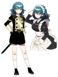 Rule 34 | 1girl, apron, black footwear, blue eyes, blue hair, breasts, byleth (female) (fire emblem), byleth (fire emblem), dede (qwea 00000), fire emblem, fire emblem: three houses, garreg mach monastery uniform, hand on own hip, highres, korean commentary, looking at viewer, maid, maid apron, maid headdress, medium breasts, multiple views, nintendo, simple background, solo, standing, sword, weapon, white background