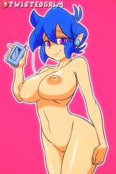 Rule 34 | 1girl, animated, blue hair, bouncing breasts, breasts, dancing, emi (twistedgrim), large breasts, listening to music, looking at viewer, nude, solo, twistedgrim