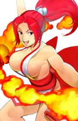 Rule 34 | 1girl, bare shoulders, black hair, breasts, cleavage, fatal fury, fire, large breasts, long hair, ninja, official alternate costume, ponytail, red hair, shiranui mai, sleeveless, the evanjer, the king of fighters