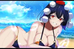 1girl beach bikini black_bikini black_hair blue_sky breasts cleavage hat horizon kitaura_kasumi large_breasts leaf_print maple_leaf_print midriff navel ocean outdoors pom_pom_(clothes) red_eyes red_hat shameimaru_aya short_hair sky smile solo swimsuit tokin_hat touhou wet wet_face