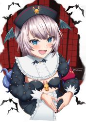 Rule 34 | 1girl, absurdres, armband, black bra, black hat, black skirt, blue eyes, blush, bra, breast cutout, breasts, breasts out, commentary request, fingernails, hat, head wings, heart, heart hands, high-waist skirt, highres, indie virtual youtuber, long sleeves, looking at viewer, mashuretsu, mole, mole under mouth, nail polish, open mouth, pink nails, pochimaru (vtuber), pochimaru (vtuber) (3rd costume), sharp teeth, shrug (clothing), skirt, solo, teeth, tentacle hair, tentacles, twitter username, underwear, virtual youtuber, wings