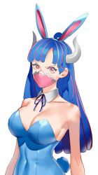 Rule 34 | 1girl, alternate costume, animal ears, bare shoulders, blue hair, blue leotard, breasts, cleavage, curled horns, detached collar, fake animal ears, fake tail, horns, large breasts, leotard, long hair, looking at viewer, mask, mouth mask, multicolored hair, one piece, pink eyes, pink hair, pink mask, playboy bunny, rabbit ears, rabbit tail, raine (acke2445), simple background, solo, tail, ulti (one piece), white background