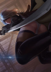 Rule 34 | 1girl, ass, black dress, black footwear, black gloves, black hairband, black thighhighs, blindfold, boots, breasts, covered eyes, cowboy shot, dated, dress, from behind, from below, gloves, hair over eyes, hairband, holding, holding sword, holding weapon, juliet sleeves, katana, leotard, lips, long sleeves, looking at viewer, looking back, medium breasts, midair, nier:automata, nier (series), no mole, parted lips, pink lips, puffy sleeves, short dress, short hair, side slit, signature, silver hair, skin tight, solo, swept bangs, sword, thigh boots, thighhighs, turtleneck, twisted neck, unsheathed, upskirt, vambraces, vera (vera alexs), weapon, white leotard, 2b (nier:automata)
