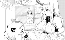 Rule 34 | 10s, 3girls, abyssal ship, acasia, ahoge, aircraft, airplane, breasts, dress, greyscale, highres, horns, kantai collection, large breasts, long hair, mamiya (kancolle), mittens, model kit, monochrome, multiple girls, northern ocean princess, ponytail, seaport princess