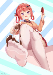 Rule 34 | 1girl, absudres, absurdres, blush, candy, chocolate, chocolate heart, fang, feet, female focus, food, foot focus, from below, gabriel dropout, glass, heart, hiaoba, highres, crossed legs, long hair, looking at viewer, open mouth, pov, purple eyes, red hair, satanichia kurumizawa mcdowell, sitting, smile, soles, toes, white legwear