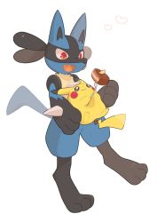 Rule 34 | commentary request, creatures (company), fang, food, game freak, gen 1 pokemon, gen 4 pokemon, heart, holding, holding pokemon, lucario, nintendo, open mouth, pikachu, pokemon, pokemon (creature), red eyes, shuu (ssyuu721), spikes, toes, tongue, yellow fur