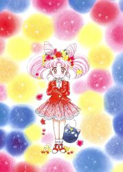 Rule 34 | 1990s (style), 1girl, bishoujo senshi sailor moon, bishoujo senshi sailor moon r, blazer, chibi usa, cone hair bun, double bun, earrings, flower, full body, hair bun, highres, jacket, jewelry, legs together, luna-p, official art, own hands clasped, own hands together, pink hair, retro artstyle, short twintails, skirt, socks, solo, standing, striped clothes, striped skirt, takeuchi naoko, twintails, vertical-striped clothes, vertical-striped skirt, white socks