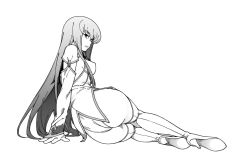 Rule 34 | 1girl, ass, boots, breasts, c.c., code geass, fukudahda, gloves, greyscale, high heels, leotard, long hair, looking at viewer, monochrome, parted lips, simple background, sitting, solo, thigh boots, thighhighs, very long hair, white background
