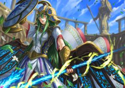 Rule 34 | 1girl, arena, armor, athena (p&amp;d), breastplate, green hair, helmet, highres, kona (19911212), long hair, mechanical wings, polearm, puzzle &amp; dragons, red eyes, shield, smile, solo, spear, statue, weapon, wings