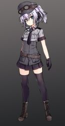 Rule 34 | 1girl, belt, black gloves, black necktie, black thighhighs, blue eyes, boots, collared shirt, cross-laced footwear, expressionless, full body, gloves, goggles, goggles on headwear, gradient background, grey background, grey hair, hat, headphones, lace-up boots, looking at viewer, military, military hat, military uniform, necktie, original, shirt, short hair, short sleeves, side ponytail, skirt, solo, standing, tama (tamatamo), thighhighs, uniform
